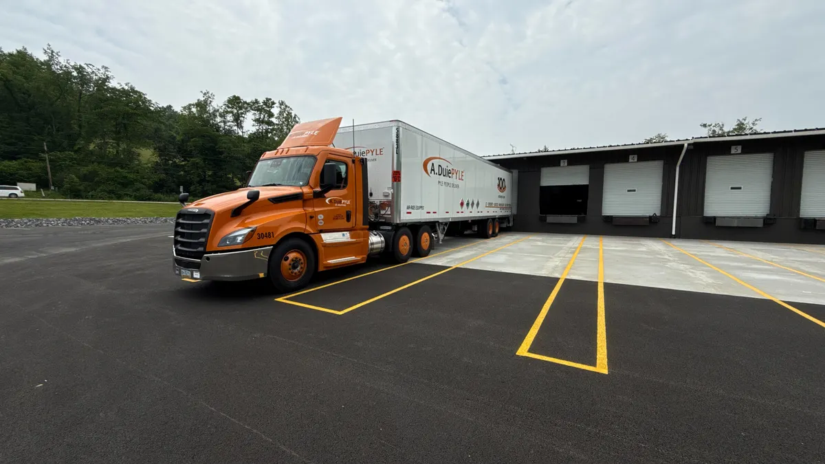 A tractor-trailer parked near a door of A. Duie Pyle's new facility in Bridgeport, West Virginia.