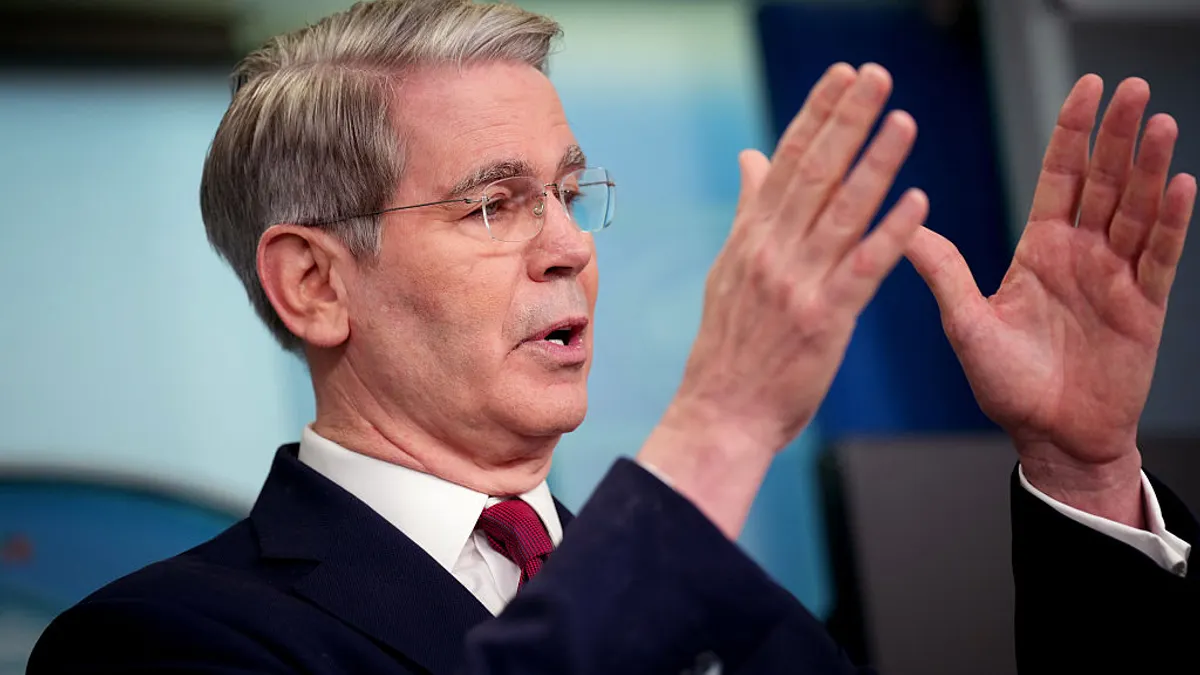 Scott Bessent, secretary of the Treasury Department, speaks while gesturing with his hands.