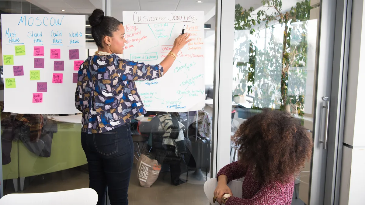 Two employees have a meeting together in an office