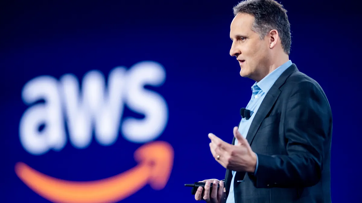 AWS CEO Adam Selipsky delivers a keynote address during AWS re:Invent 2021, a conference hosted by Amazon Web Services, at The Venetian Las Vegas on November 30, 2021