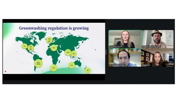 Screenshot from thinkParallax and Ropes & Gray webinar about greenwashing on Aug. 27, 2025.