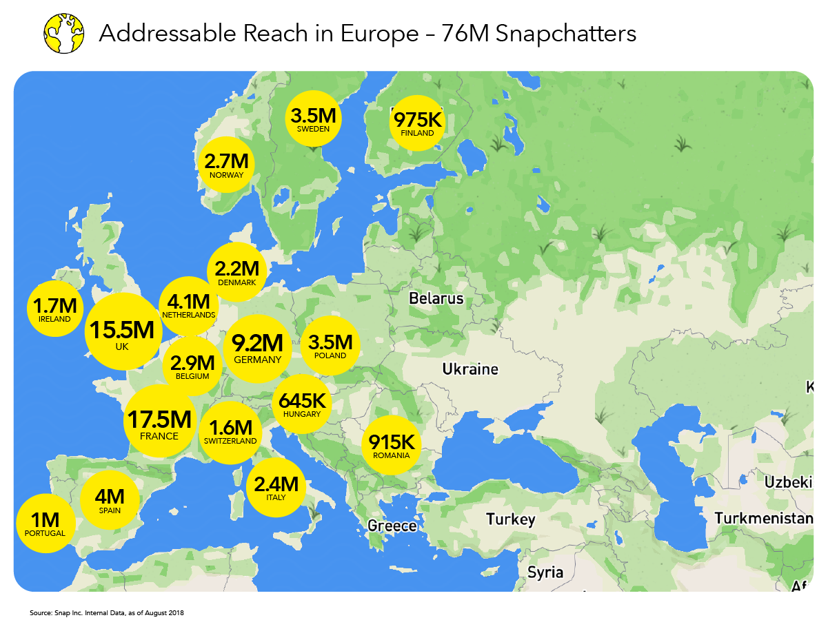 Snapchat 'addressable reach' map of Europe