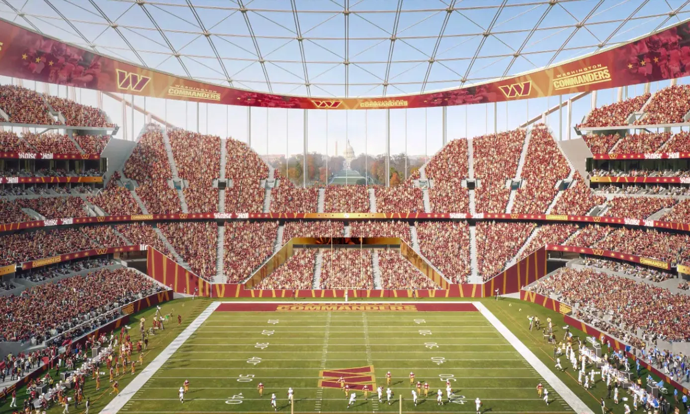 A rendering of a full, glass-roofed stadium packed with fans. An American football team is on the field, playing the game.