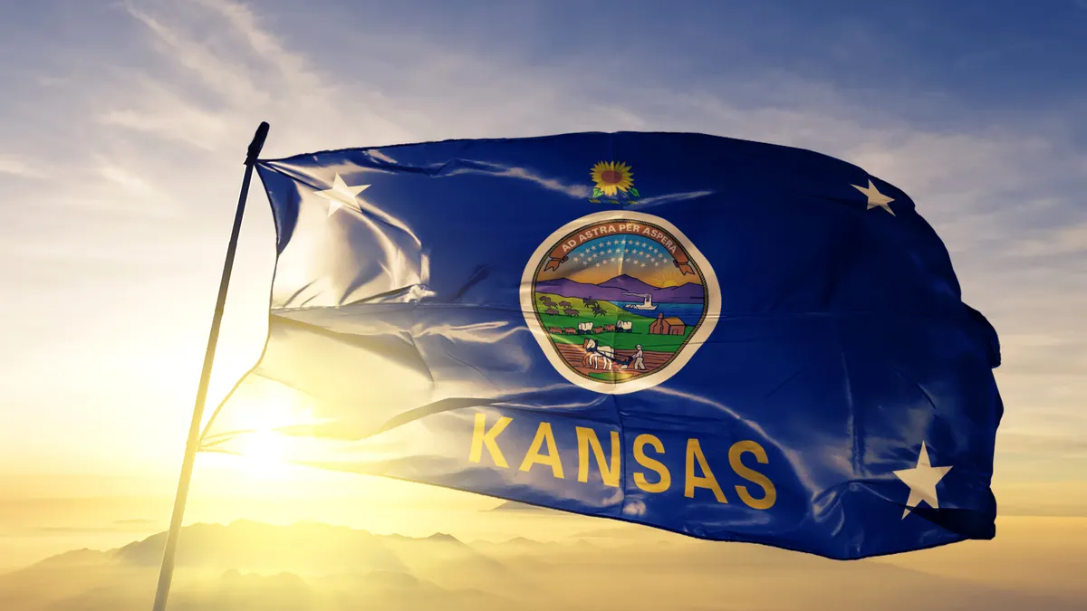 Kansas flag waving in the wind on a flagpole.