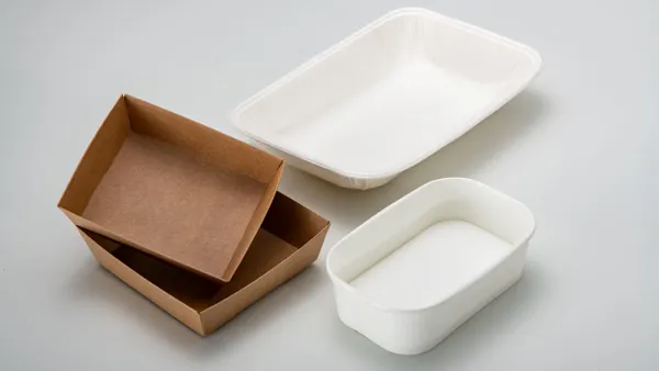 Four empty trays for food service applications are in front of a white background.