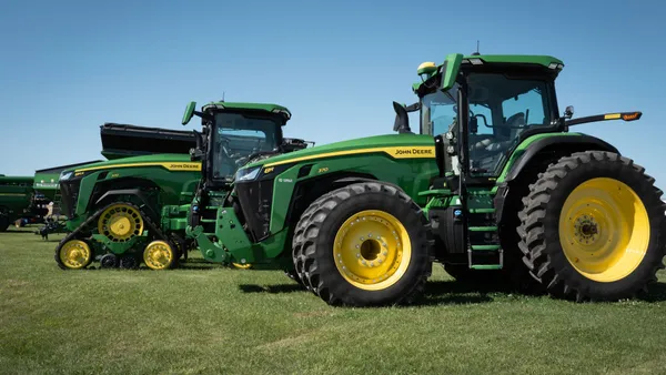 John Deere farm equipment is seen