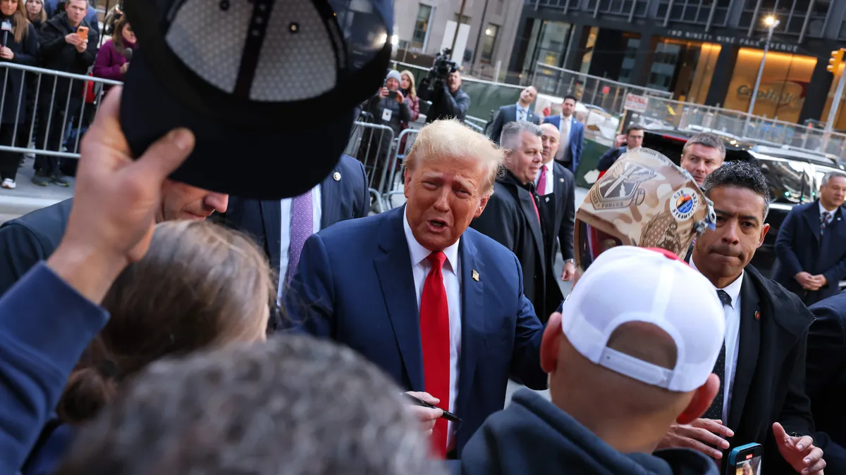 President-elect Donald Trump greets union workers at the construction site of the new J.P. Morgan Chase building on April 25, 2024, in New York City.