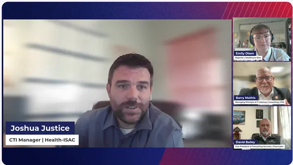 Healthcare Dive reporter Emily Olsen speaks with Joshua Justice, Barry Mathis and David Bailey during a virtual panel on Nov. 5, 2025.