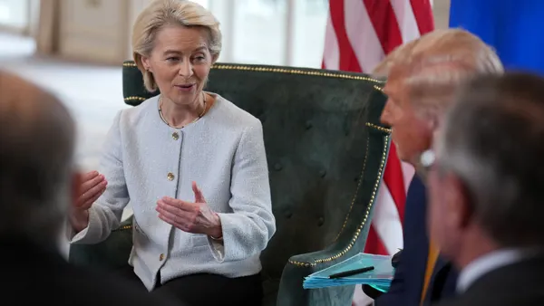 European Union President Ursula von der Leyen speaks with U.S. President Donald Trump on July 27, 2025, in Turnberry, Scotland.
