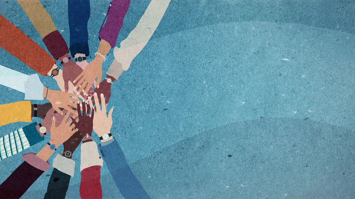 Teamwork of multi-ethnic and multicultural people working together. Concept of community of different people. Unity and solidarity between people of different cultures. Concept of activist and protest