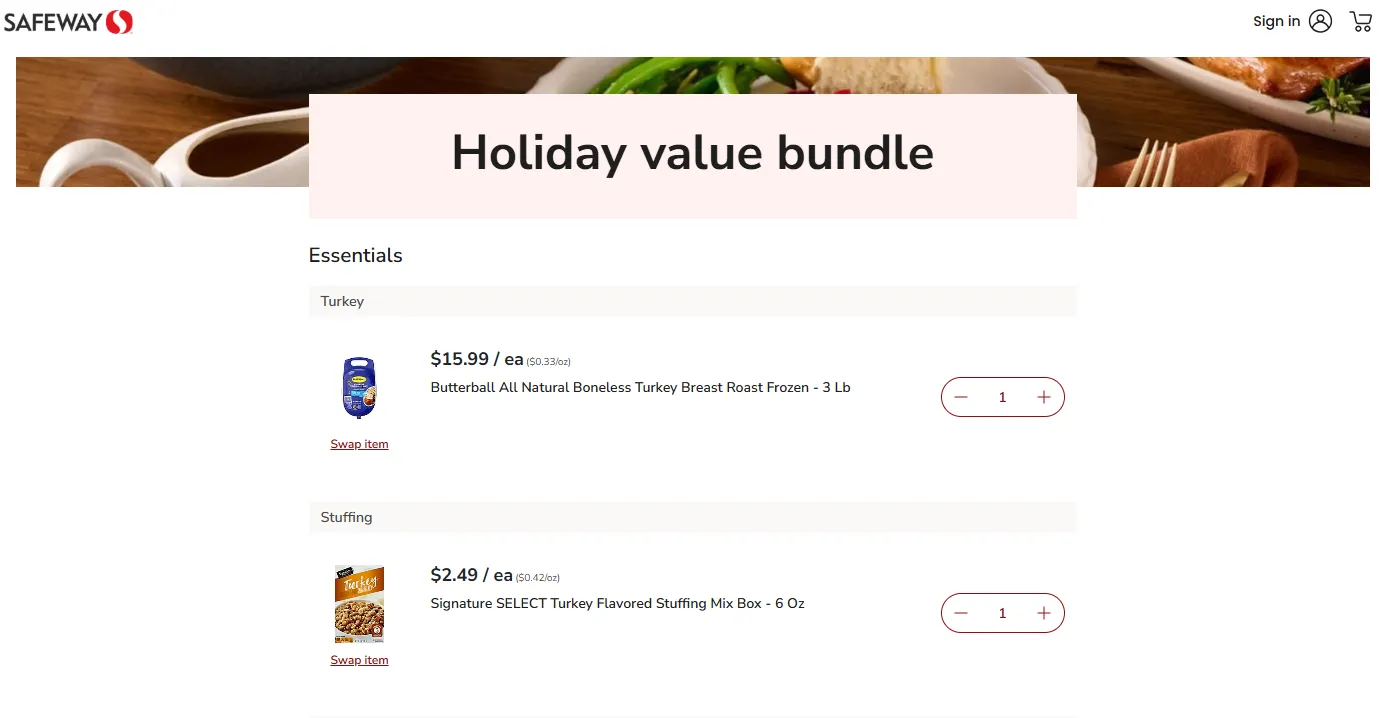 A curated Thanksgiving shopping list on Safeway's website.