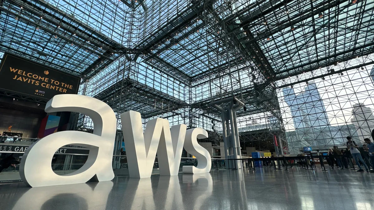 AWS logo on display at AWS Summit New York, July 26, 2023.