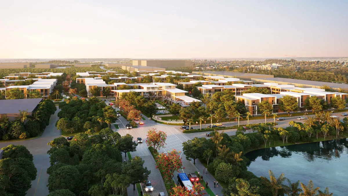 An aerial view of a rendering of a residential development.