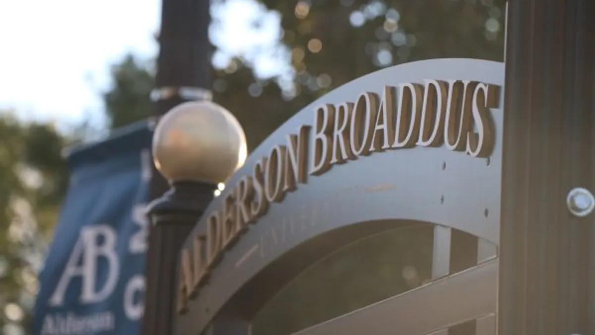 A close-up sign of Alderson Broaddus University.