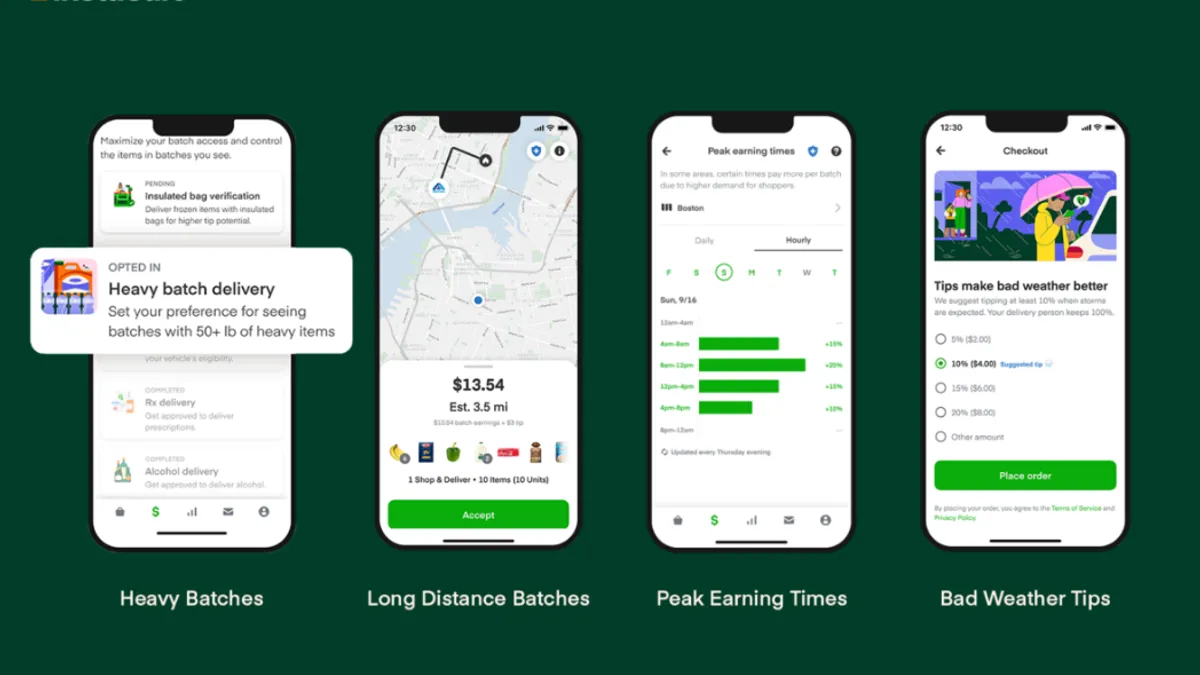 Four images of the Instacart app with different worker features, including changes to pay for heavy and long-distance batches.