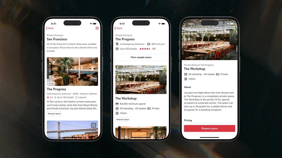 An image of smartphone screens highlighting private dining options on OpenTable