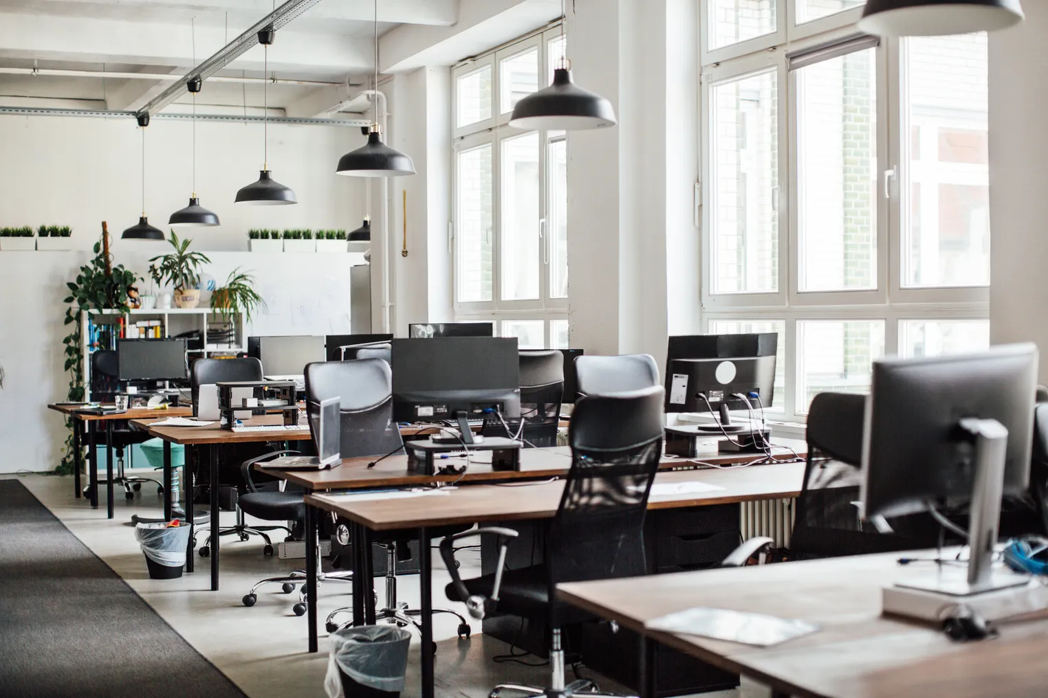 Interior of modern office with empty chairs and PCs on desks.