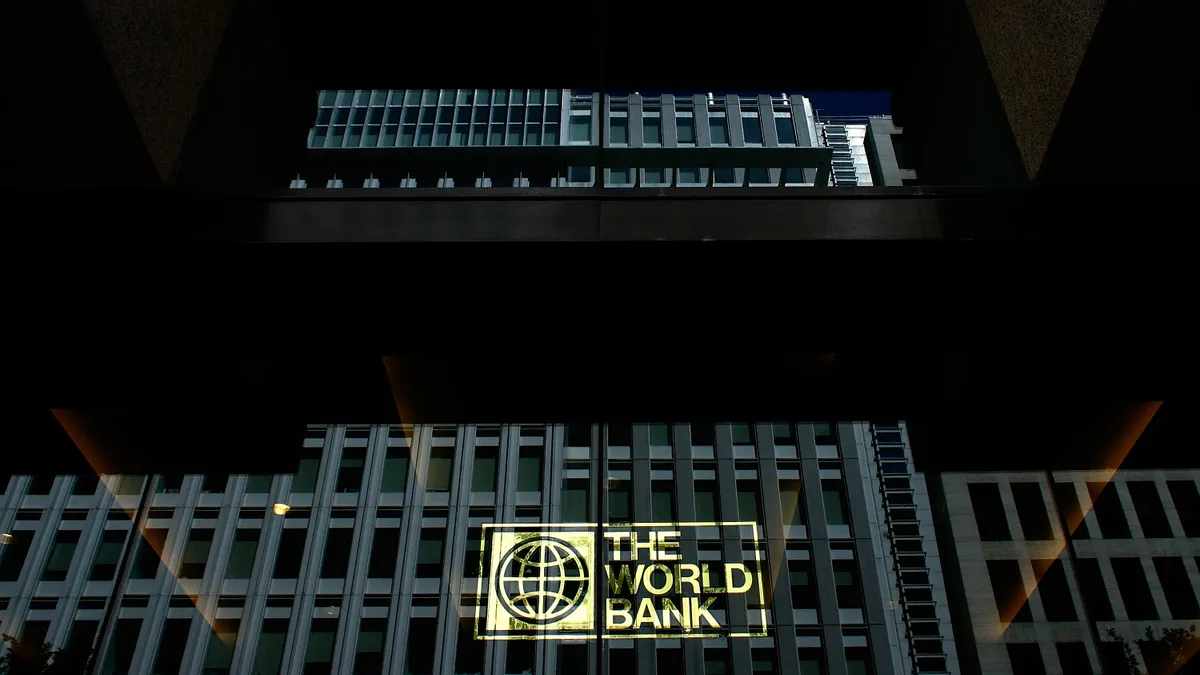 The World Bank headquarters shown at night.