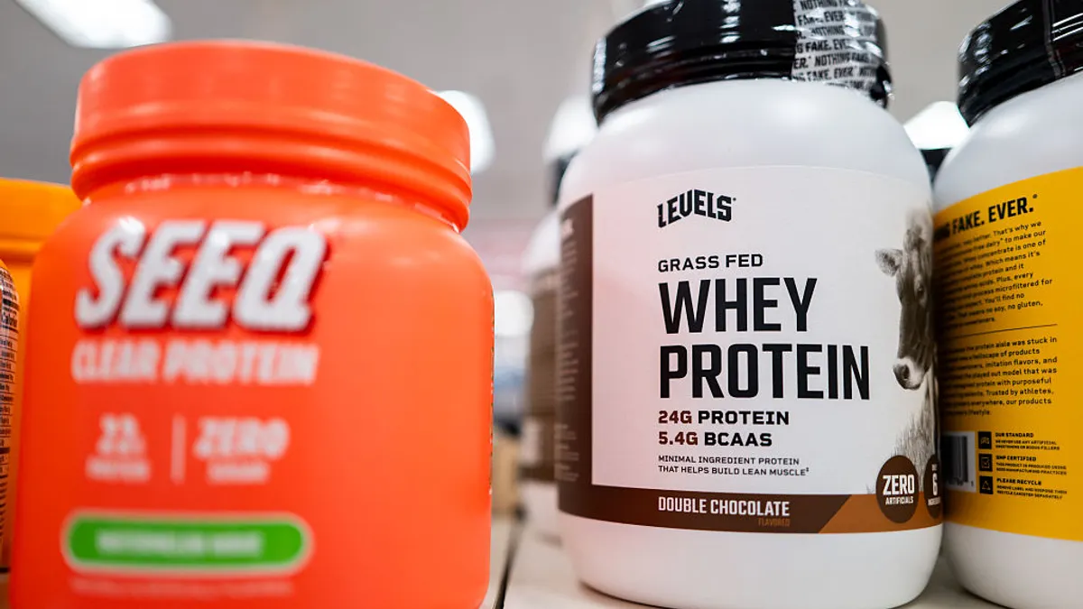 Whey protein powder is displayed