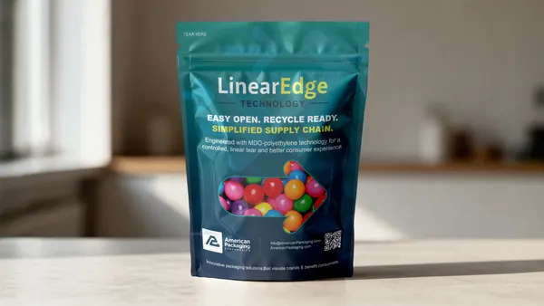 A blue-green plastic pouch features messaging for a product called "LinearEdge."