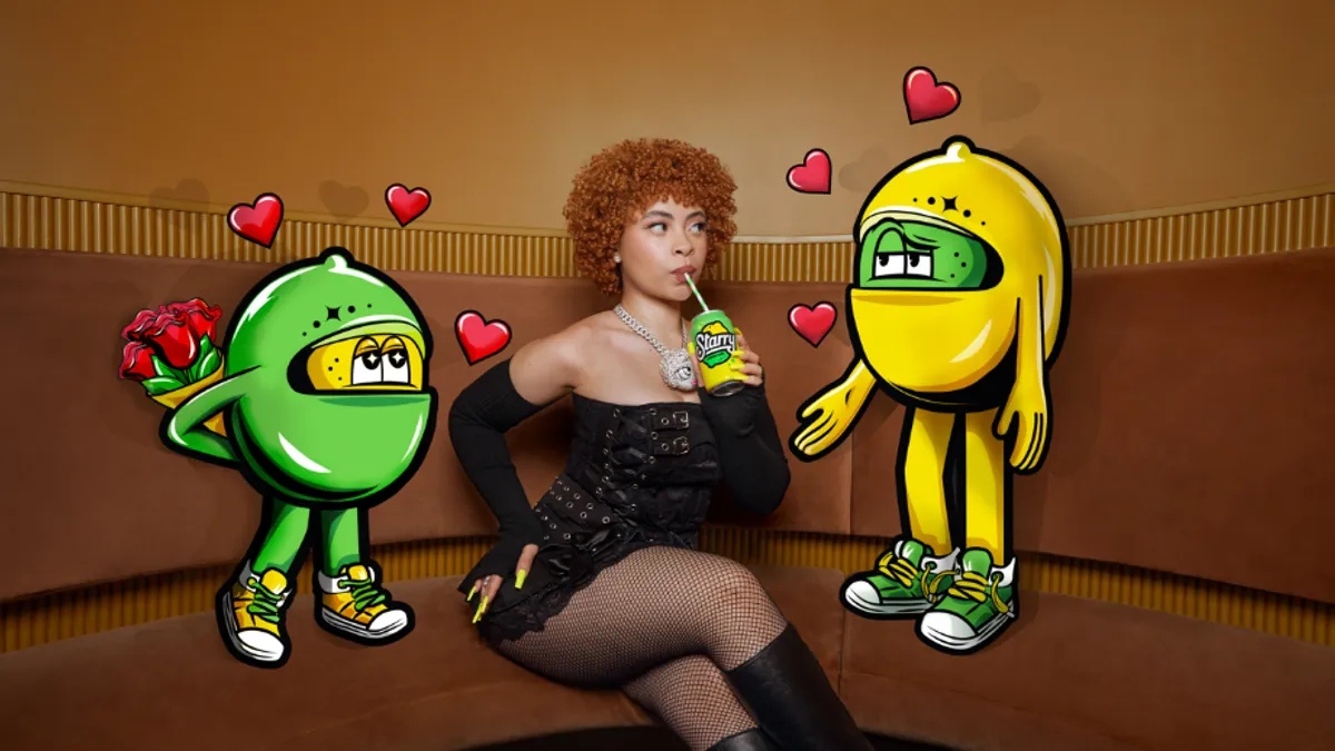 Rap artist Ice Spice appears next to Starry brand mascots Lem and Lime for the brand's first-ever Super Bowl advertisement.