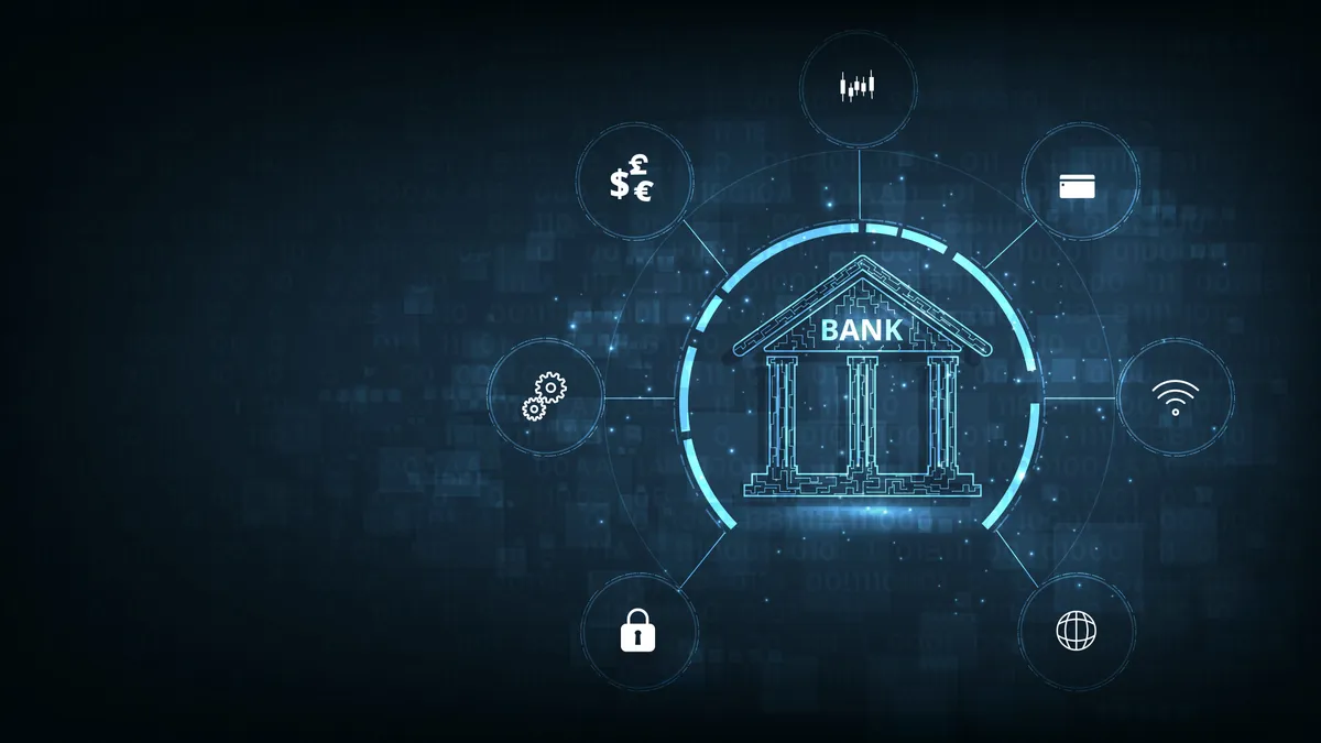 An illustration of the front of a bank connected to different icons representing digital services.