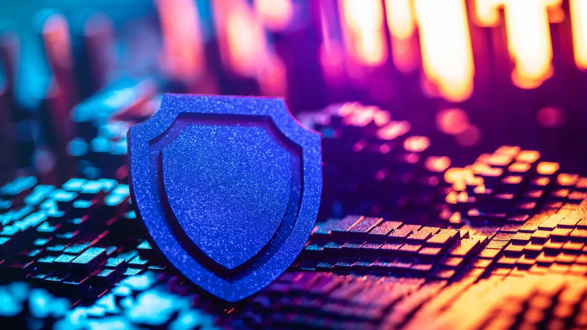 A blue shield resting on a topographical landscape of square blocks