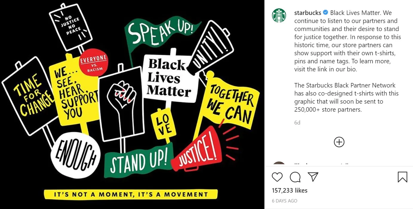 Screenshot from Starbucks' Instagram post on its Black Lives Matter initiatives retrieved by Marketing Dive on June 18, 2020