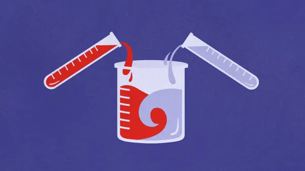Two test tubes pour different-colored liquids into a beaker in an illustration representative of biopharma mergers.