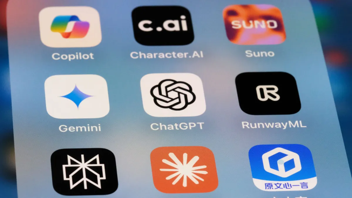 OpenAI ChatGPT, Google Gemini, Runway, Perplexity AI, Claude, Microsoft Copilot, character.ai, Suno AI and Baidu Ernie Bot. Assorted AI apps