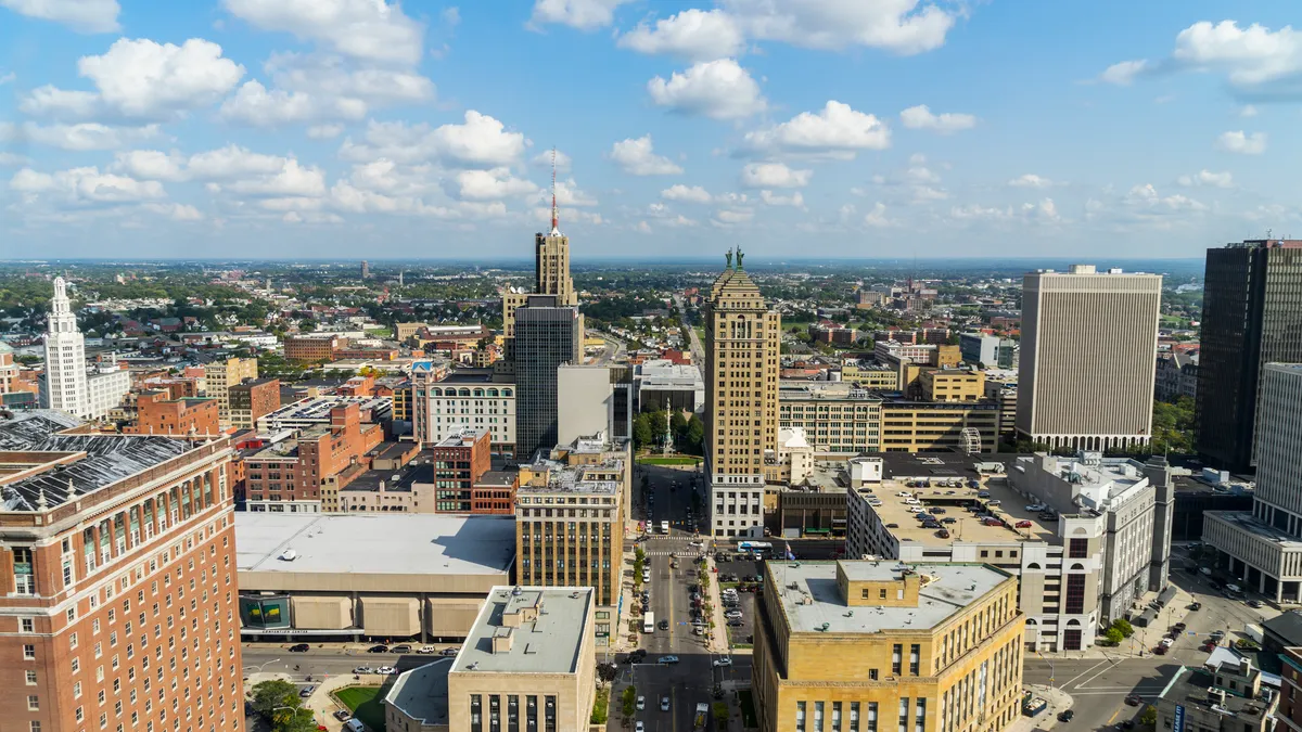 Aerial shot of urban downtown