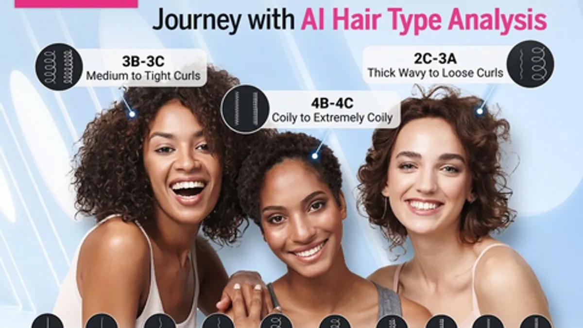 A promotional photo for Perfect Corp.'s AI hair tool with three models and their hair type identified.