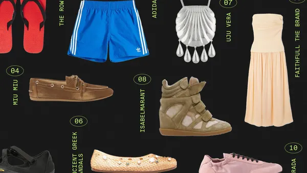 A selection of products is shown on a flat background, including several shoes, a necklace, athletic wear and a dress.