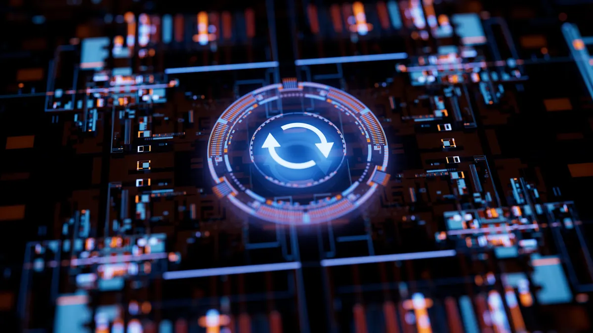 Two white arrows turn clockwise in a circle on top of a server board.