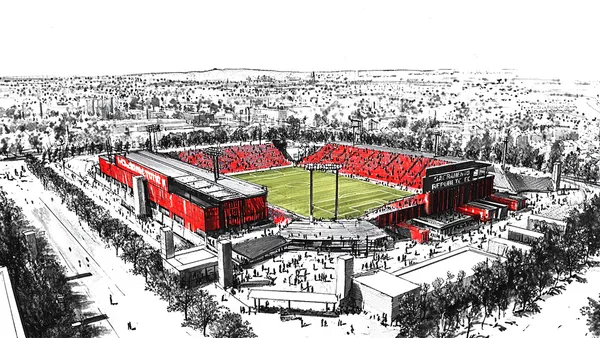 A drawing depicts Sacramento Repbulic FC's future stadium in Sacramento, Calif.