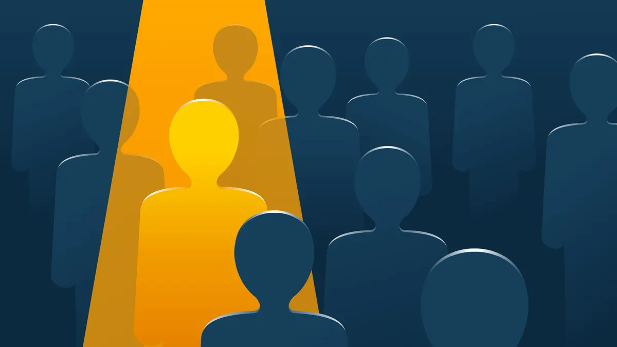 Recruitment or leadership concept people row with spotlight highlighted selected one - creative visualization of people challenge competition