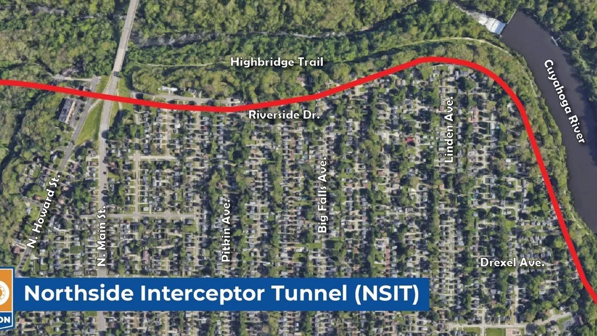 A satellite photo shows the path of a sewer diversion tunnel in Akron, Ohio.