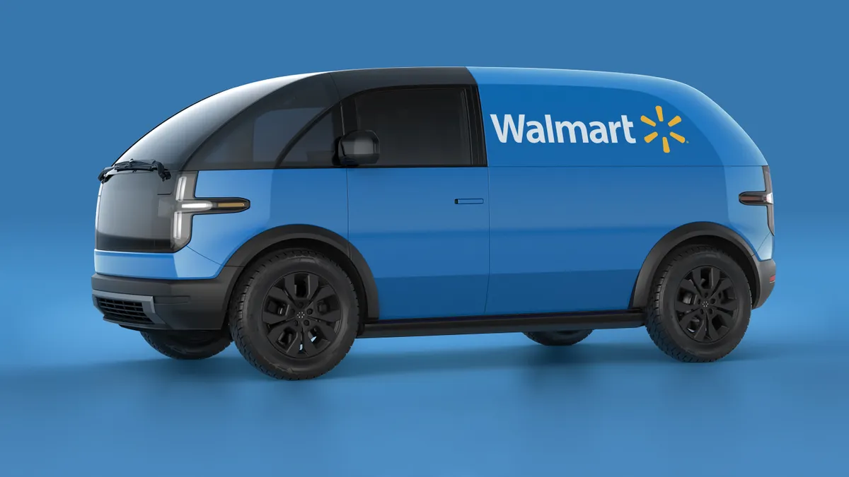 An image of a Canoo electric vehicle with Walmart's logo.