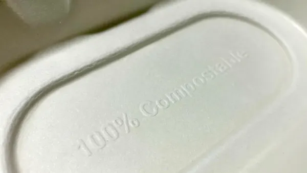 An extreme closeup of a piece of fiber packaging with "100% compostable" stamped into the material.