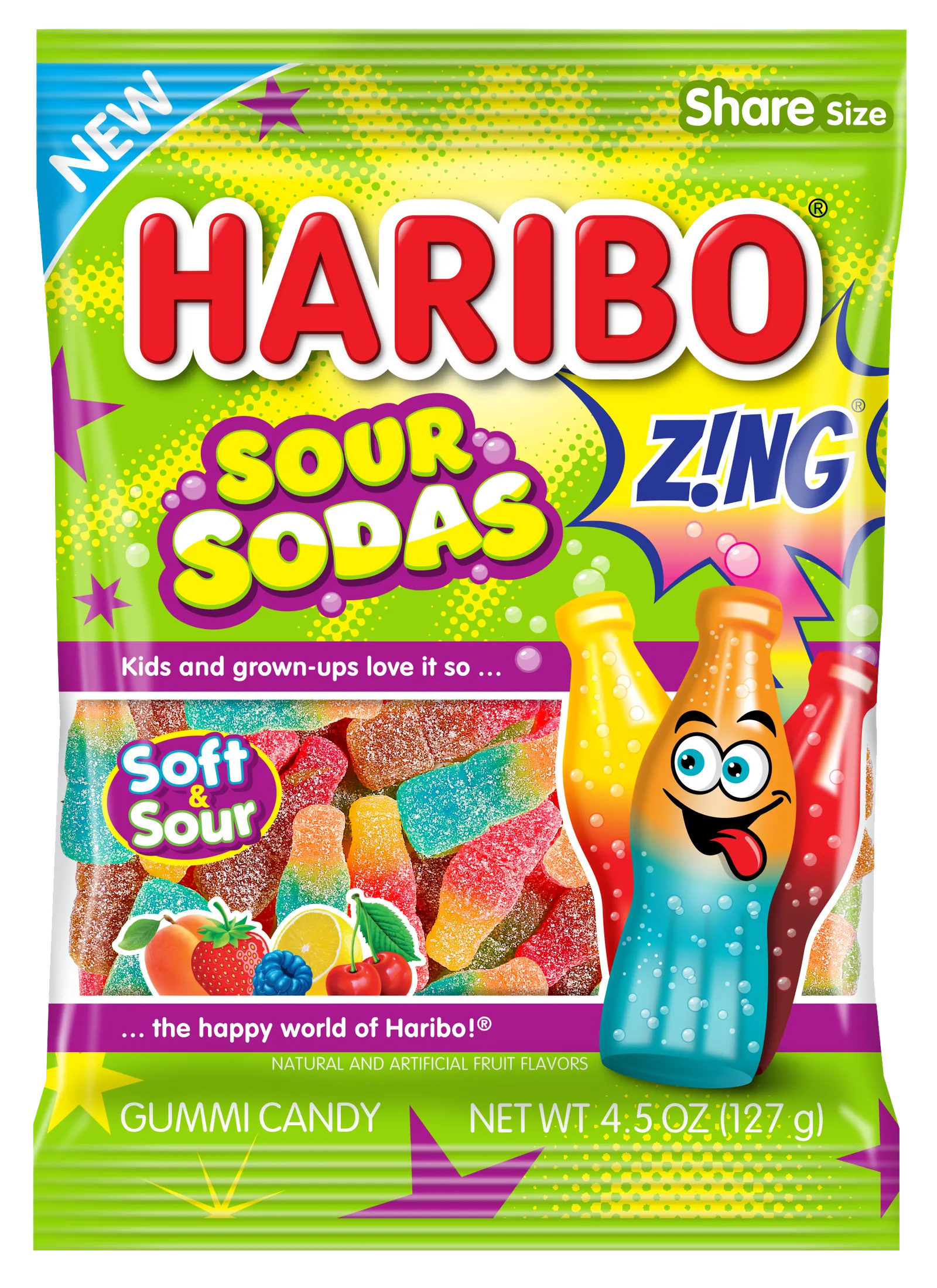 A photo of a bag of candy. The bag is green and yellow with text that says "new Haribo sour sodas. Zing. Kids and grown ups love it so... Soft & Sour."