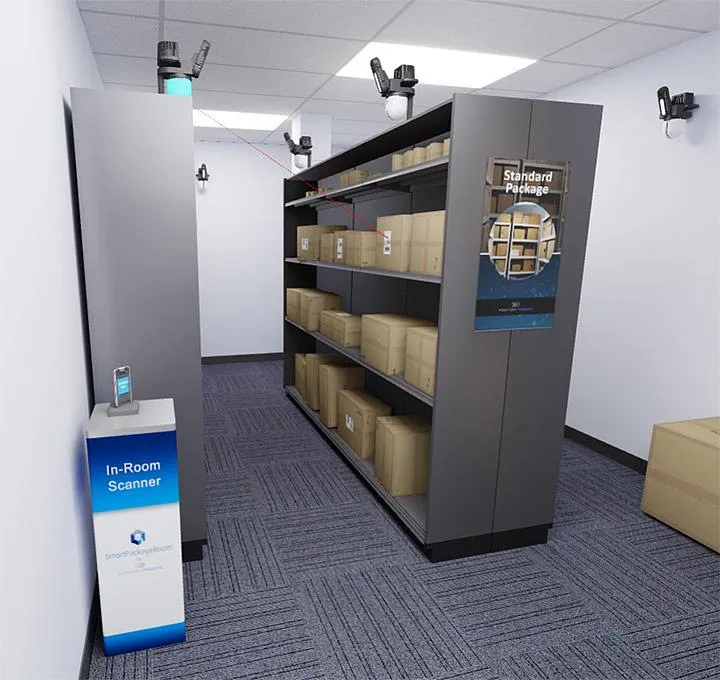 A package room full of shelves, cameras and packages.