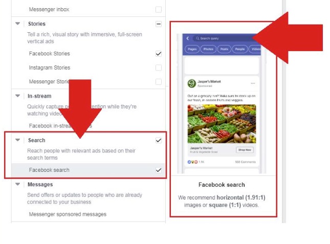 Facebook search ad placement option
