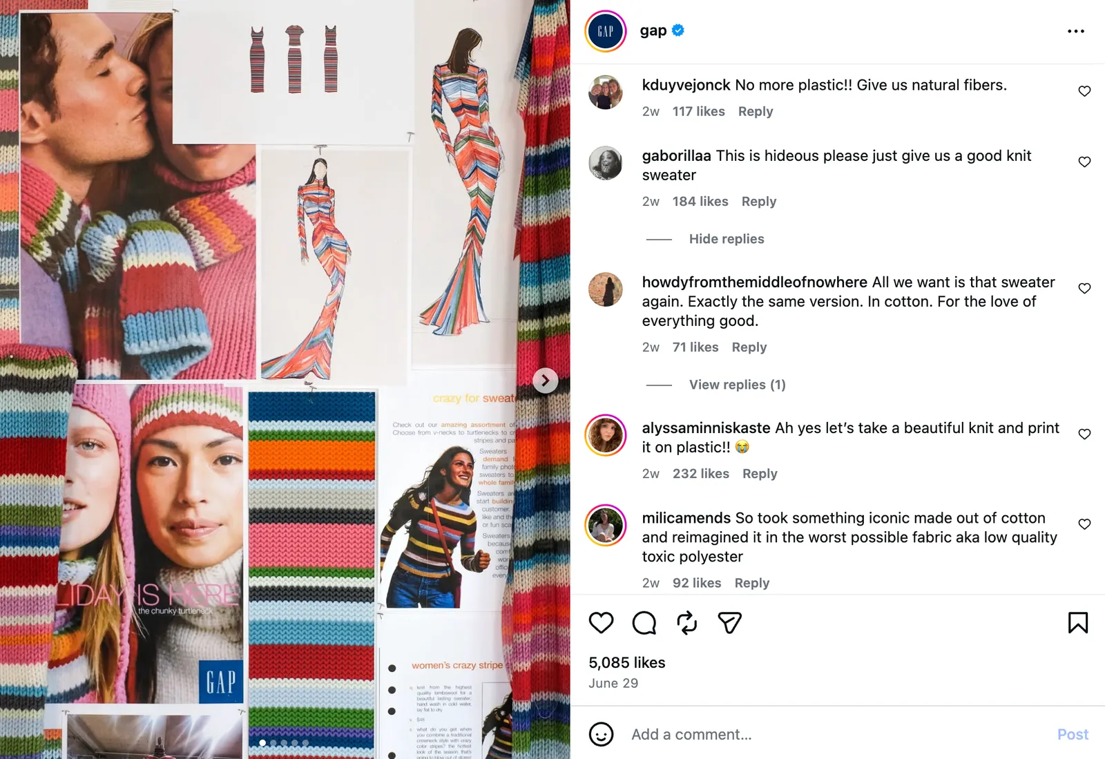 A shot of a brand's Instagram post, with comments.