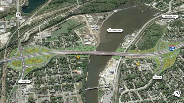 A rendering of a swath of land with a set of bridges going over a body of water.