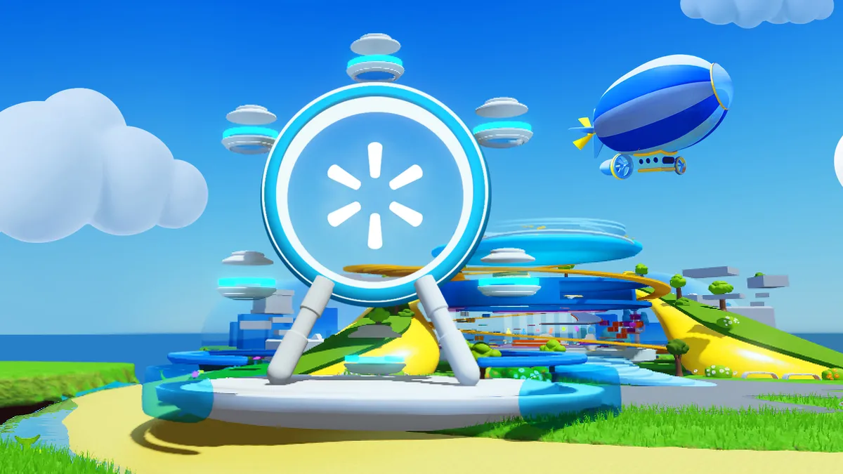 A virtual Roblox space designed by Walmart shows a ferris wheel in the foreground a blimp flying against a blue sky in the background.