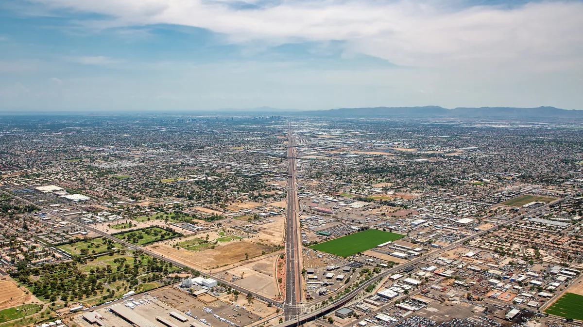 Grand Avenue aerial view looking from the NW to the SE above Northern Avenue in Glendale, Arizona