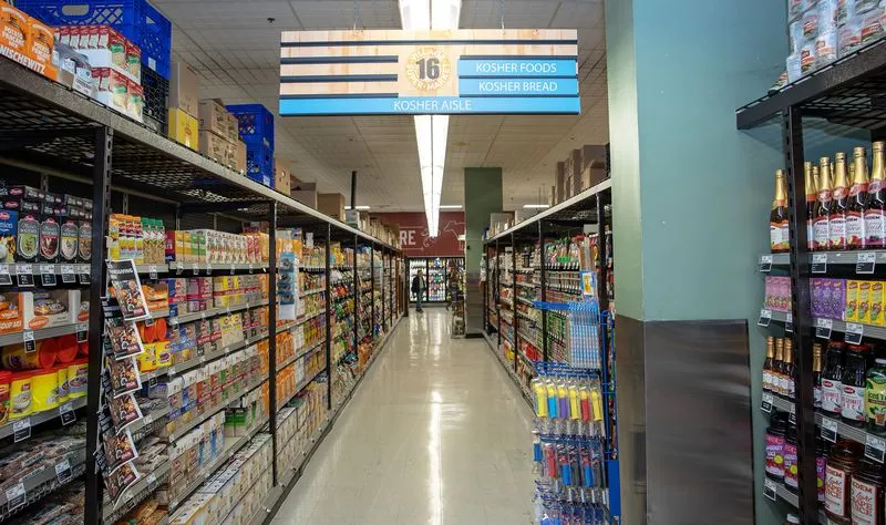 An aisle with kosher foods in a grocery store