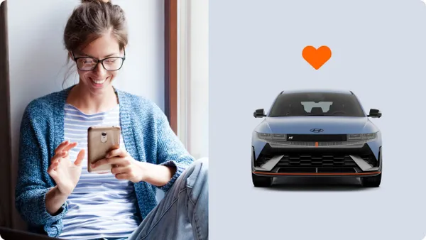 A split screen view of a person viewing a smartphone on left, and a Hyundai Ioniq 5 N vehicle on the right with an orange heart above it.