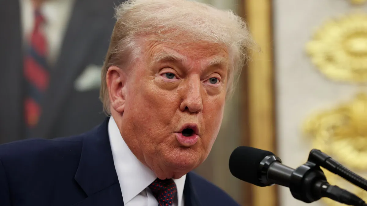 President Donald Trump speaks during a presentation in the Oval Office of the White House on Aug. 8, 2025, in Washington D.C.