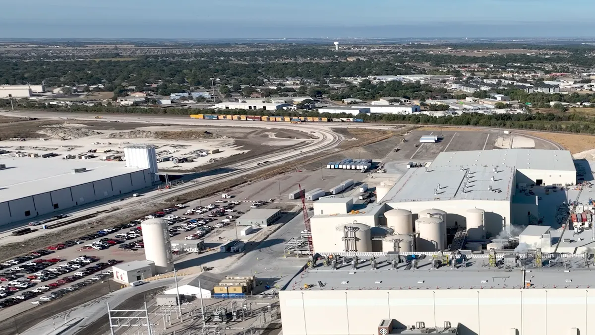An aerial view of an industrial facility's campus.